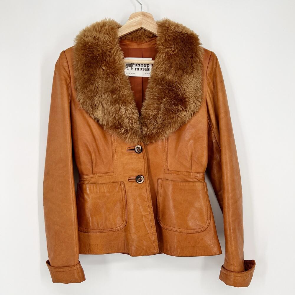 Vintage 70s Sheep Mates Leather Jacket Womens 6 Caramel Brown Shearling Mob Wife